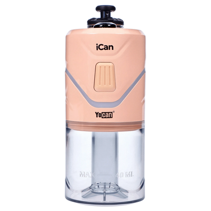 Front view of the peach-colored Yocan iCan Kit, showcasing its sleek, cylindrical shape and minimalist design.