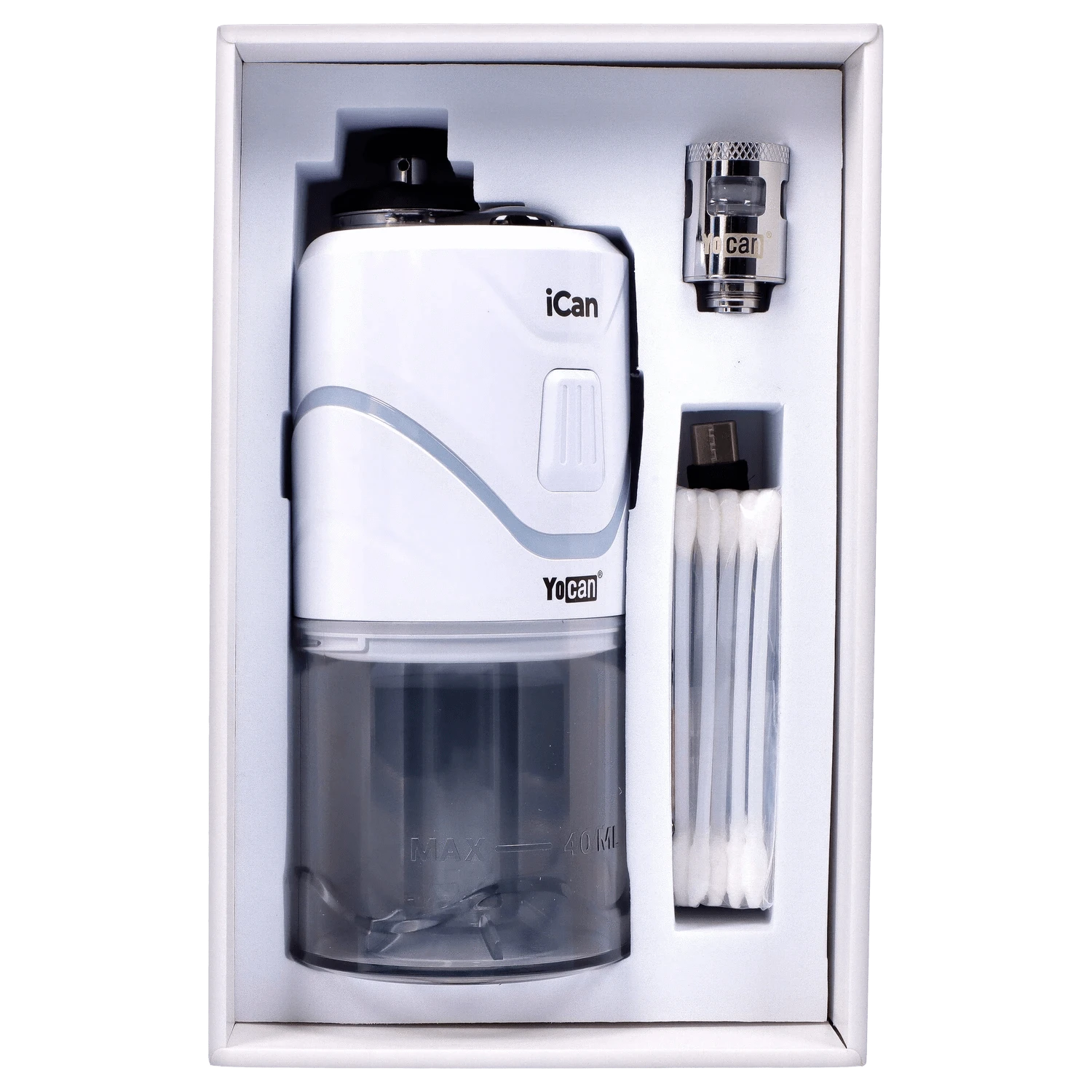 Front view of the white Yocan iCan Kit, displayed in its packaging against a plain black background.