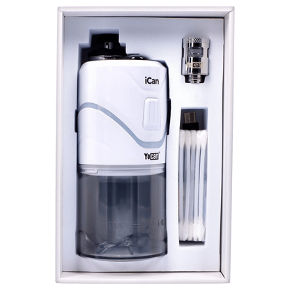 Front view of the white Yocan iCan Kit, displayed in its packaging against a plain black background.