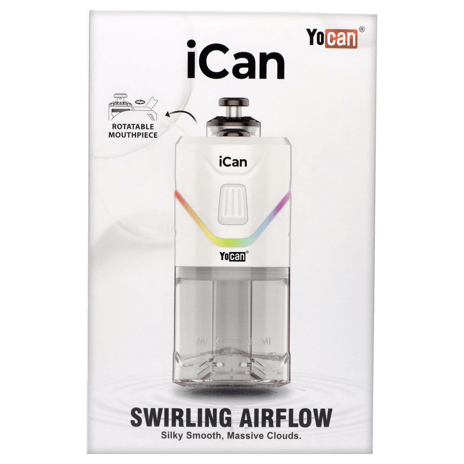 Front view of the white Yocan iCan Kit, highlighting its sleek design and clear glass construction.