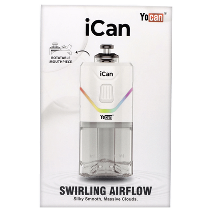 Front view of the white Yocan iCan Kit, highlighting its sleek design and clear glass construction.