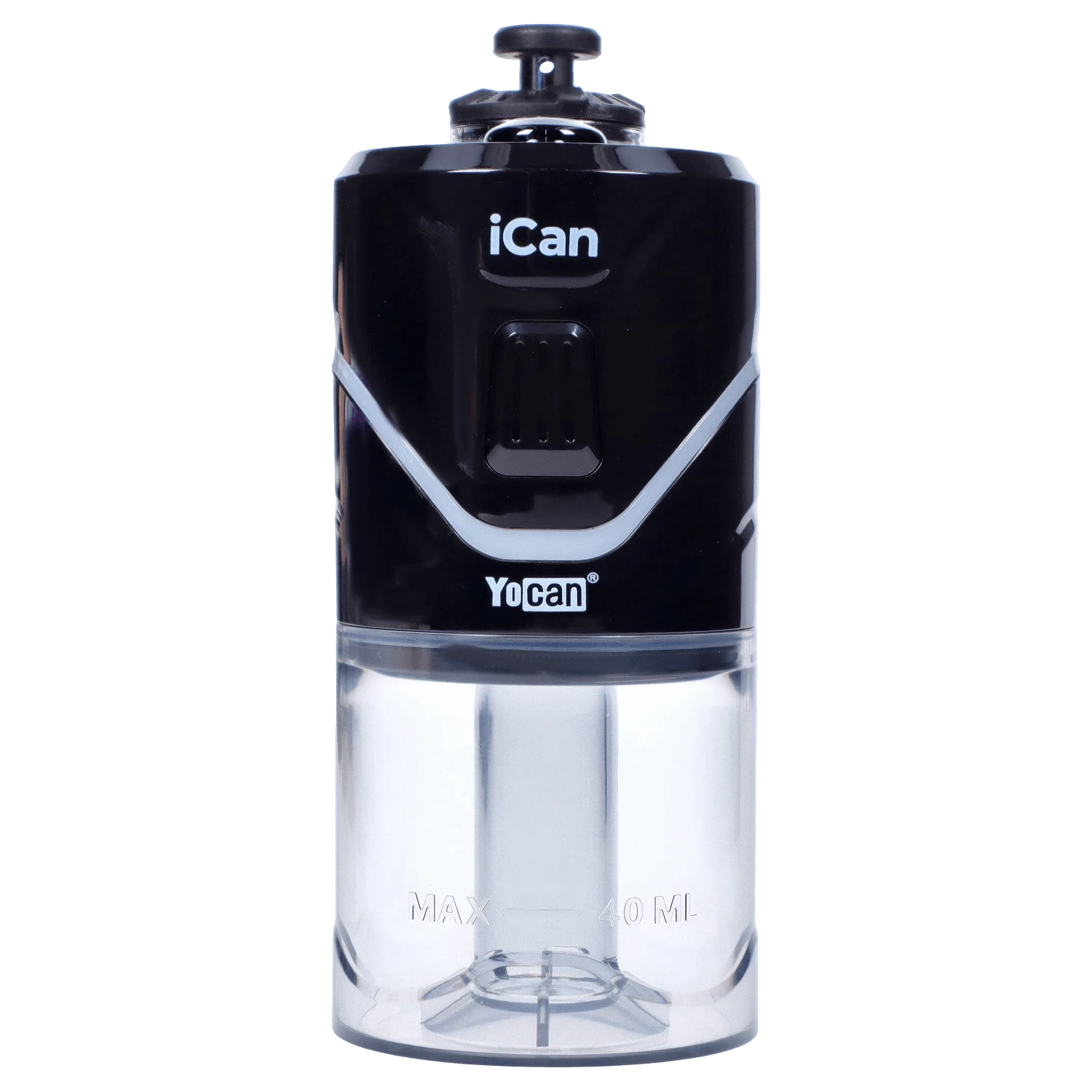 Front view of the black Yocan iCan Kit, showing the device’s sleek, cylindrical shape against a plain white background.