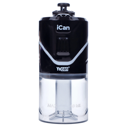 Front view of the black Yocan iCan Kit, showing the device’s sleek, cylindrical shape against a plain white background.