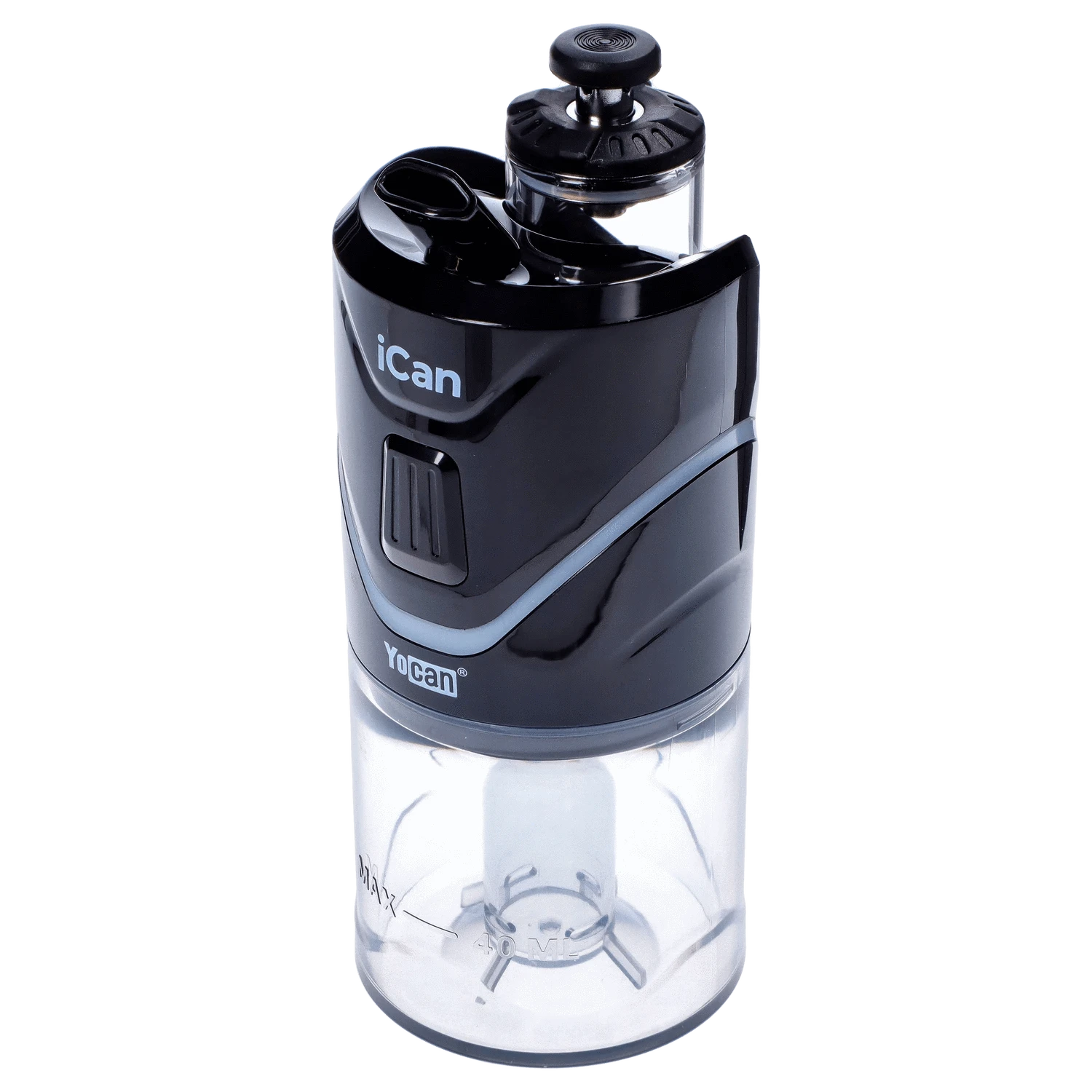A front view of the black Yocan iCan Kit, showcasing its sleek, cylindrical design with a prominent top button.