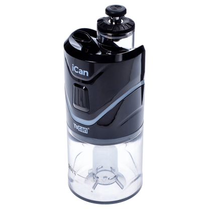 A front view of the black Yocan iCan Kit, showcasing its sleek, cylindrical design with a prominent top button.