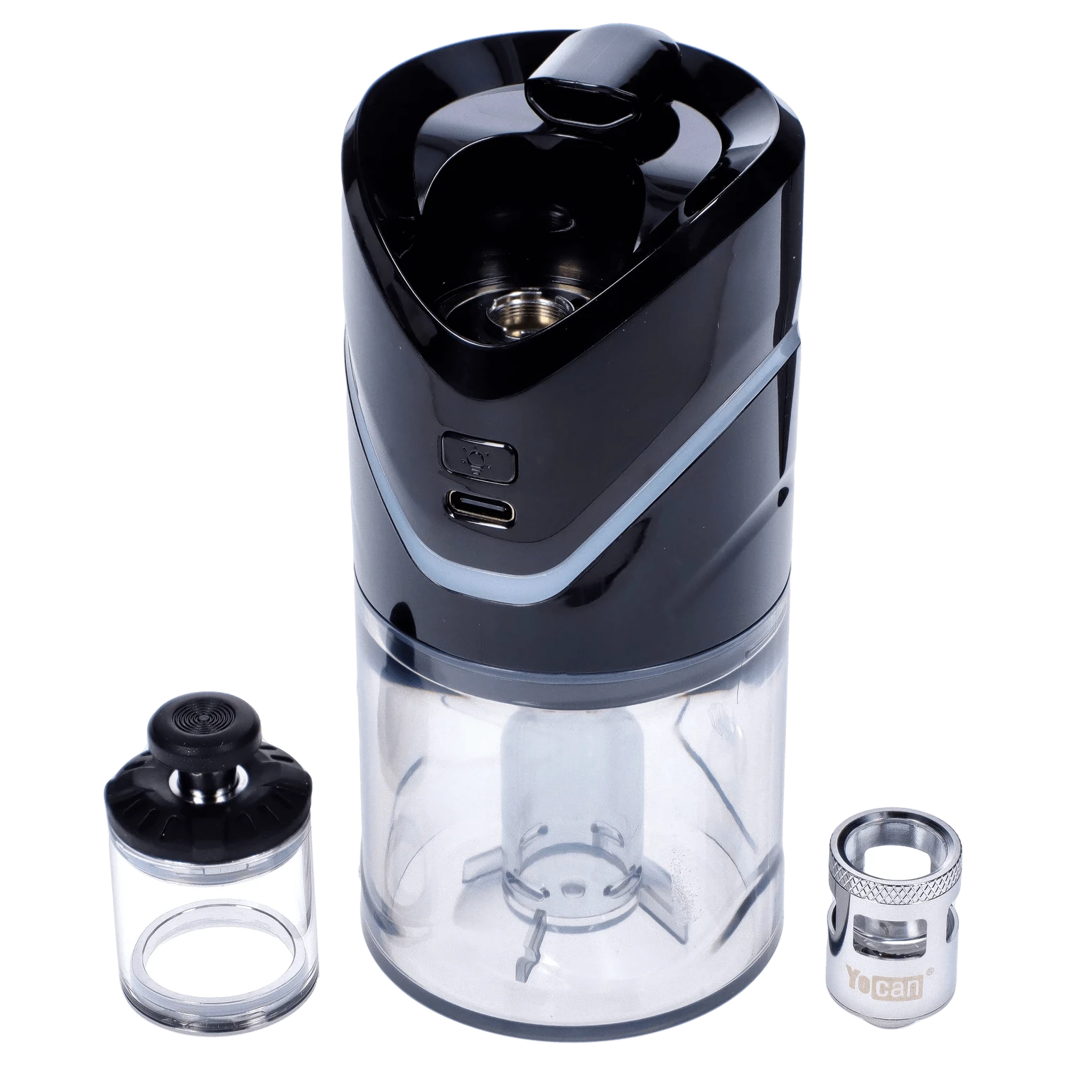 Front view of the black Yocan iCan Kit, showing the clear tank and separate mouthpiece component beside it.