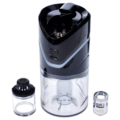 Front view of the black Yocan iCan Kit, showing the clear tank and separate mouthpiece component beside it.