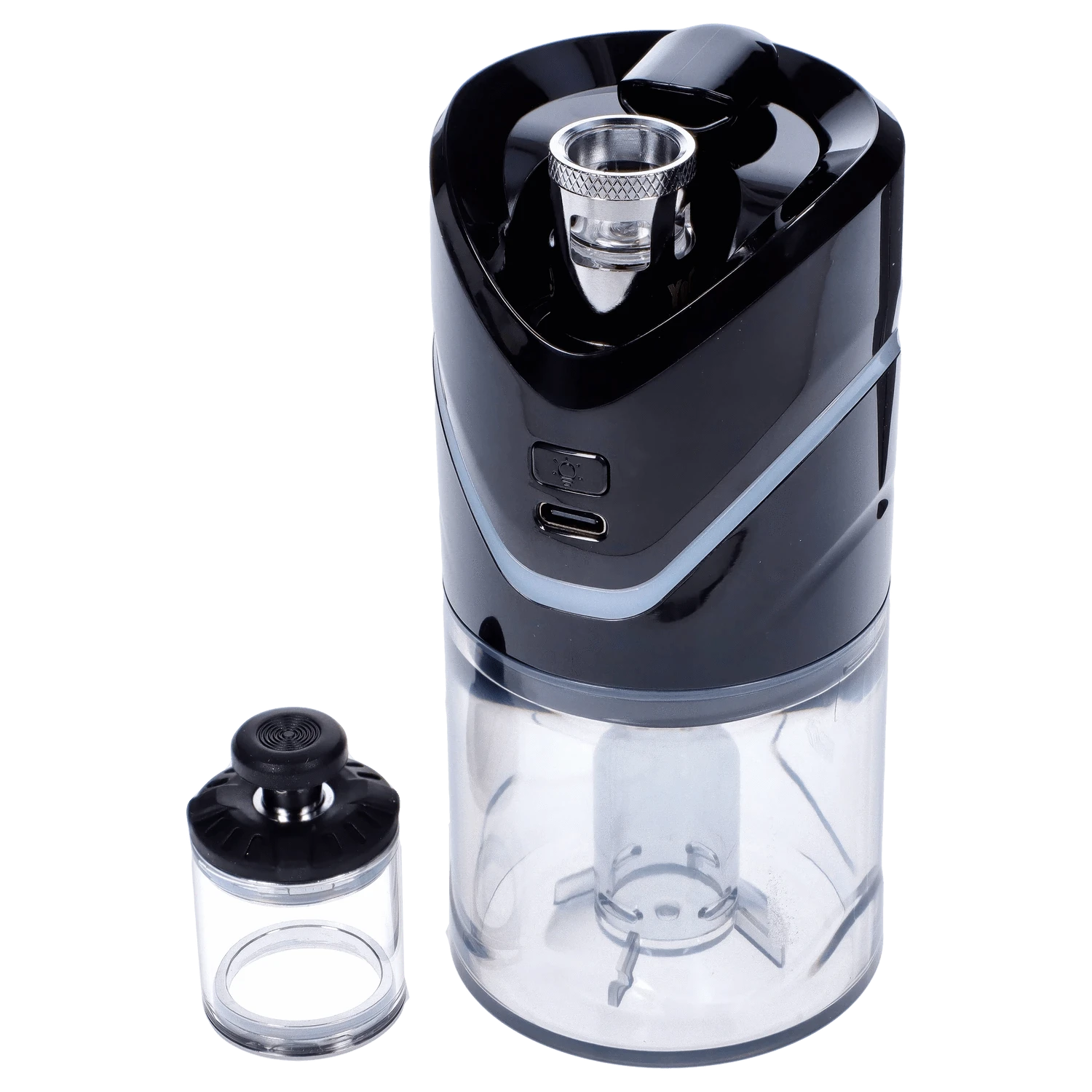 Front view of the black Yocan iCan Kit, showing its clear, cylindrical tank and sleek, minimalist design.