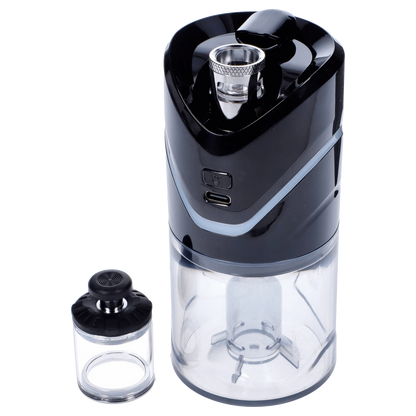Front view of the black Yocan iCan Kit, showing its clear, cylindrical tank and sleek, minimalist design.