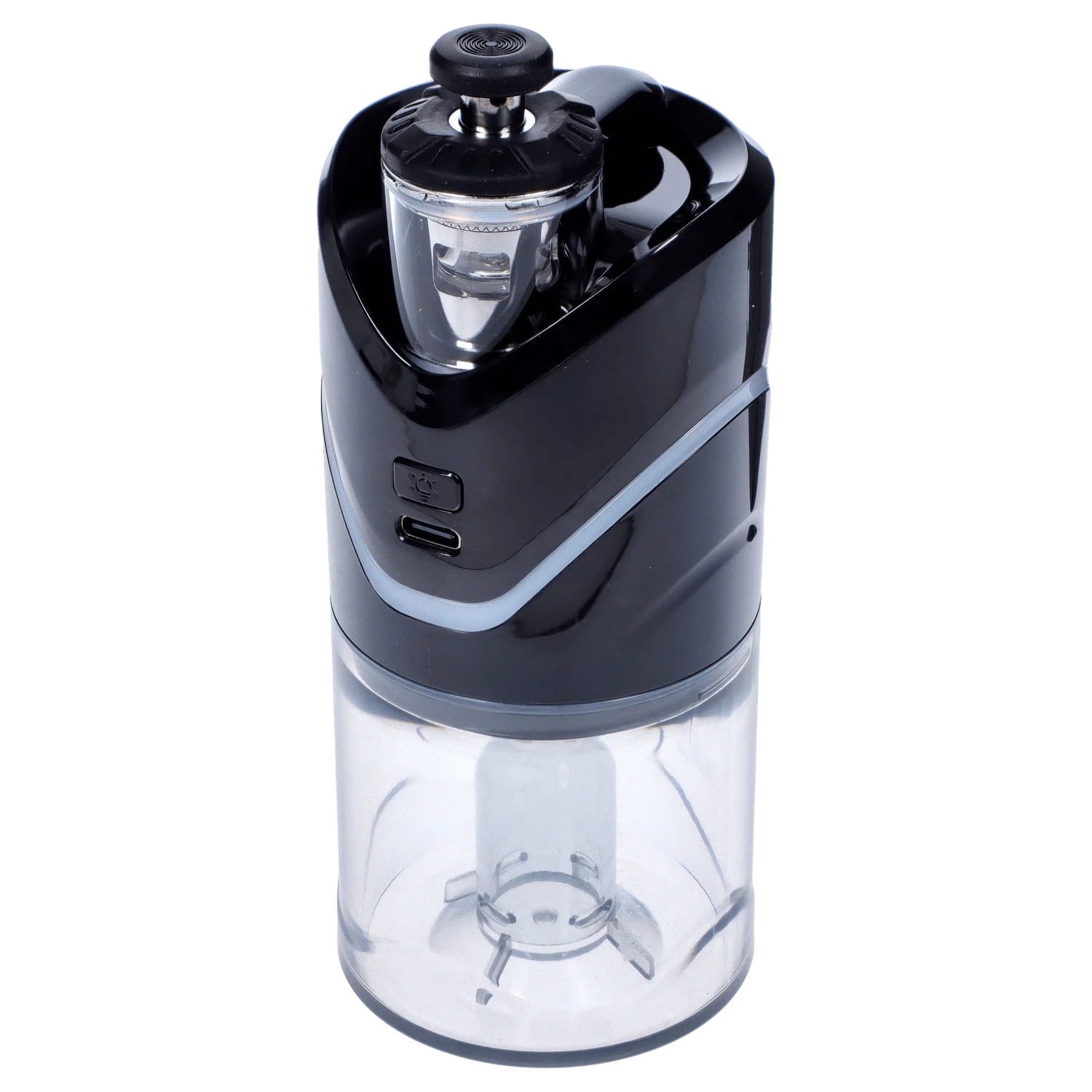 Front view of the black Yocan iCan Kit, showing its sleek, cylindrical shape and transparent reservoir.