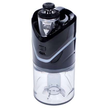 Front view of the black Yocan iCan Kit, showing its sleek, cylindrical shape and transparent reservoir.