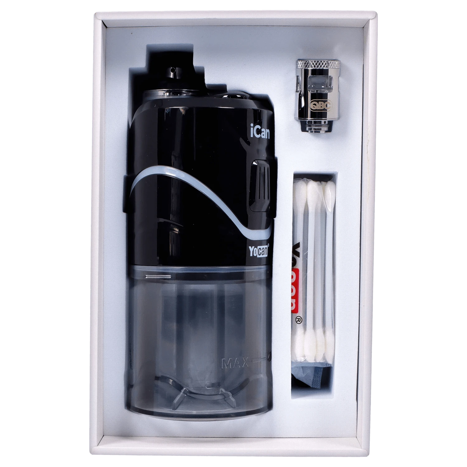 A front view of the black Yocan iCan Kit, presented open in its box with accessories arranged to the side.