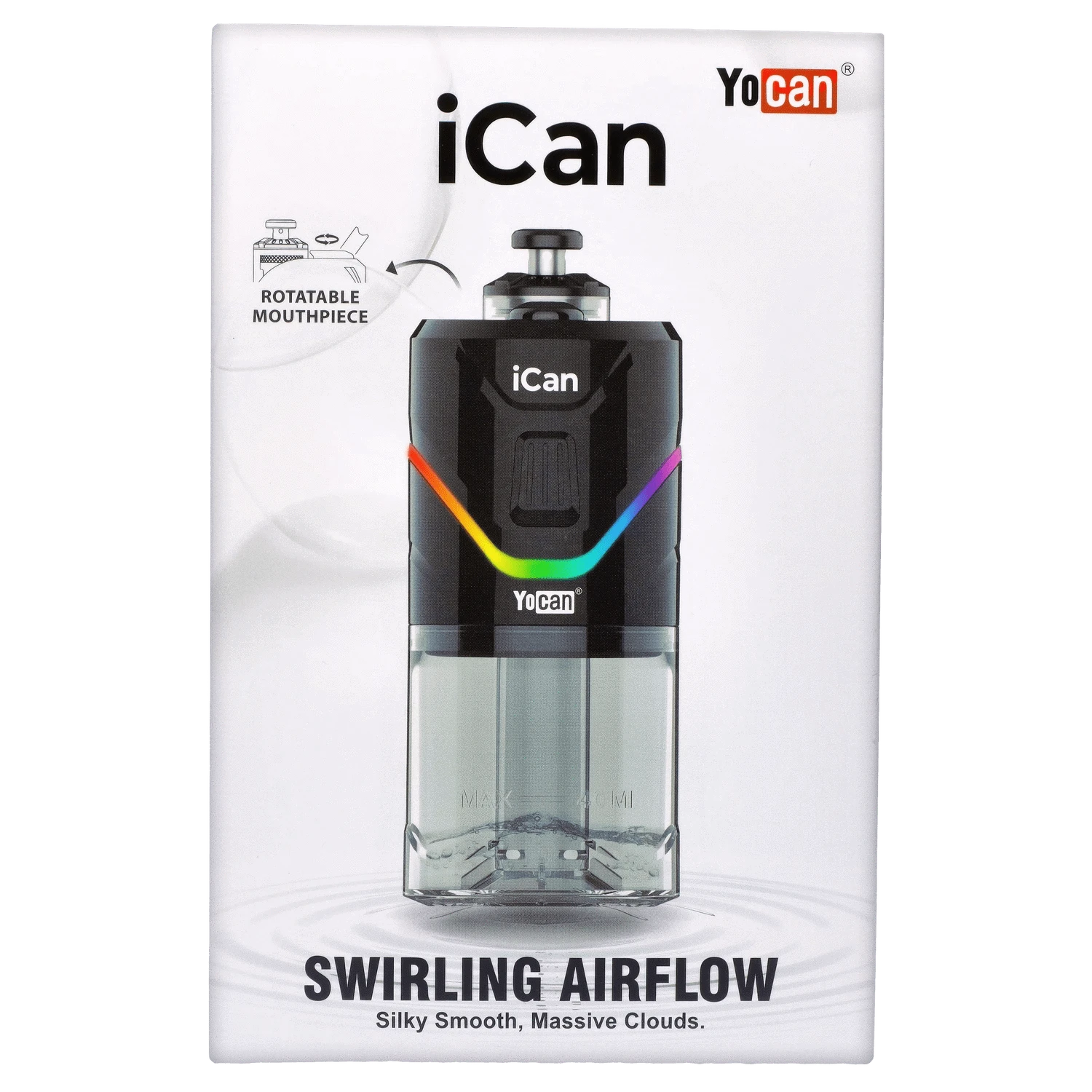 Front view of the black Yocan iCan Kit, showcasing a sleek, cylindrical design with a blurred background.