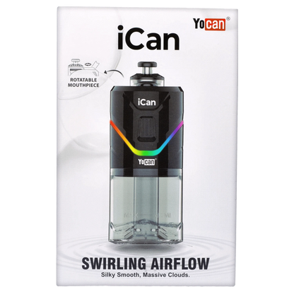 Front view of the black Yocan iCan Kit, showcasing a sleek, cylindrical design with a blurred background.