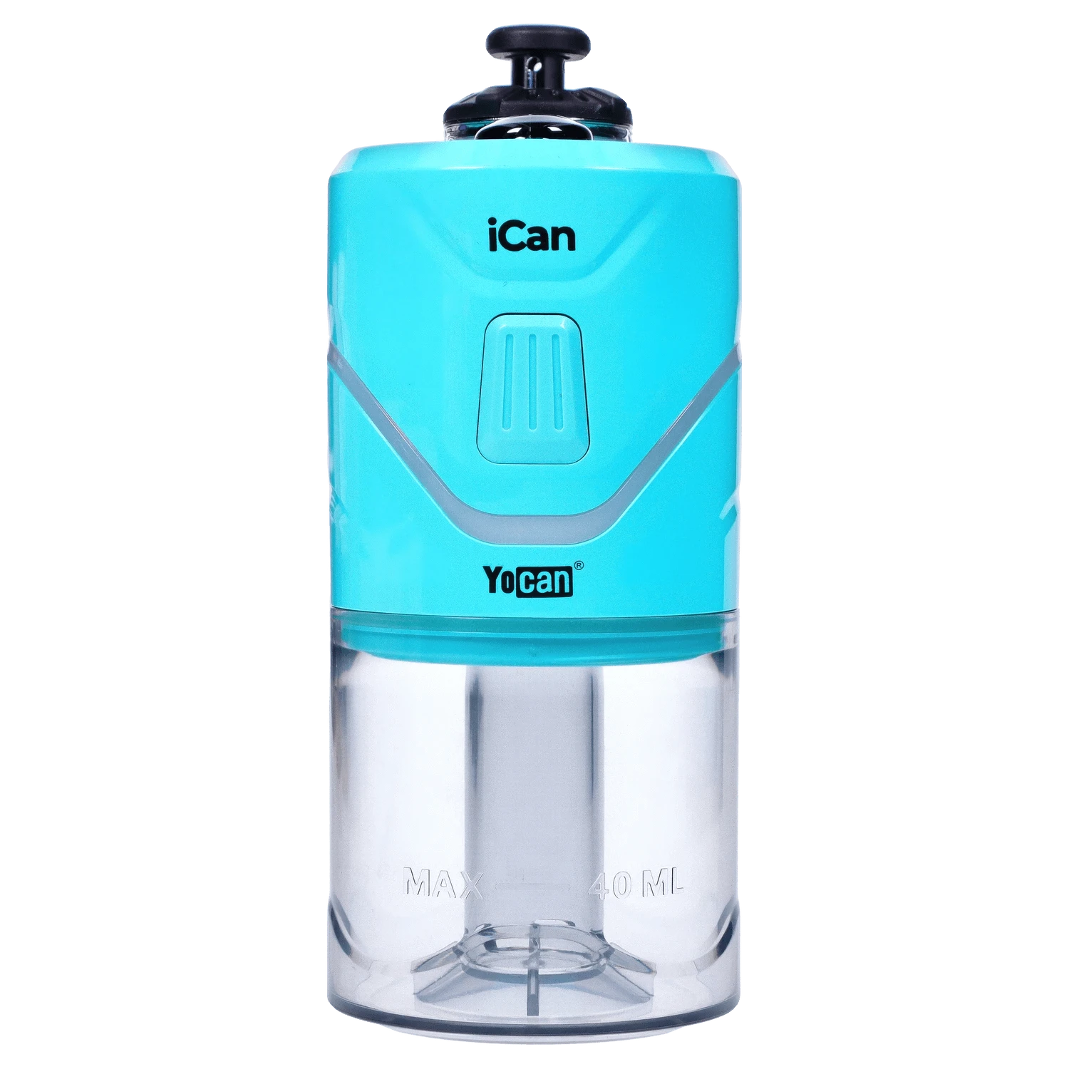 Front view of the teal Yocan iCan Kit, showing its cylindrical form and clear upper section with visible internal components.
