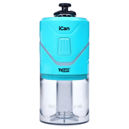 Front view of the teal Yocan iCan Kit, showing its cylindrical form and clear upper section with visible internal components.