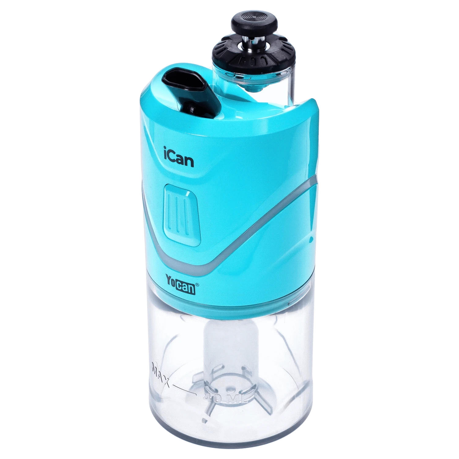 Front view of the teal Yocan iCan Kit, showcasing its sleek, cylindrical shape and minimalist design against a plain white background.