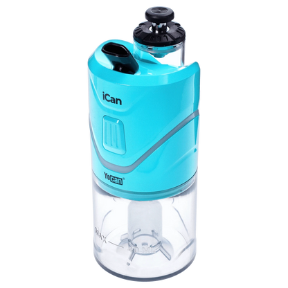 Front view of the teal Yocan iCan Kit, showcasing its sleek, cylindrical shape and minimalist design against a plain white background.