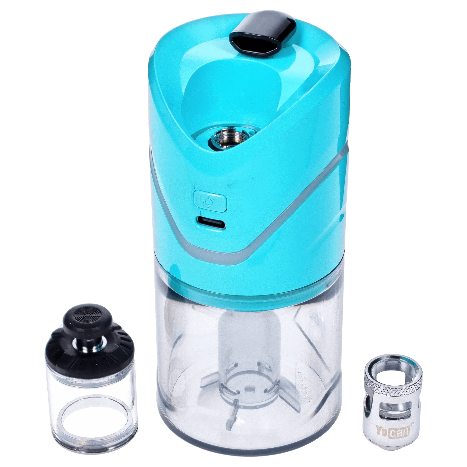 Front view of the teal Yocan iCan Kit, showcasing the clear glass chamber and black mouthpiece against a plain white background.