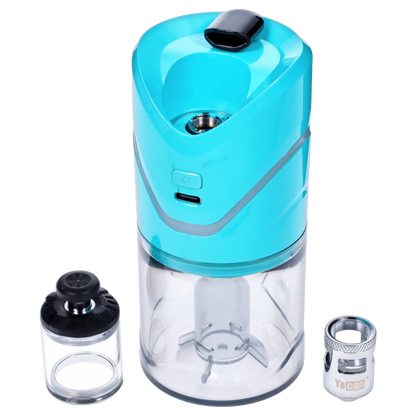Front view of the teal Yocan iCan Kit, showcasing the clear glass chamber and black mouthpiece against a plain white background.