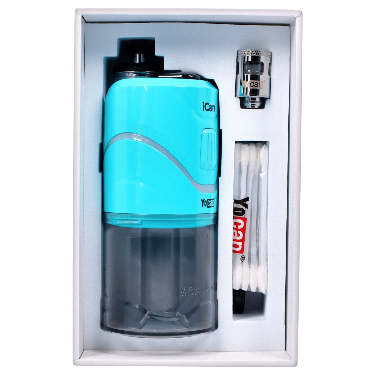Front view of the Yocan iCan Kit – Teal, displayed in its packaging with a visible replacement coil, set against a white backdrop.