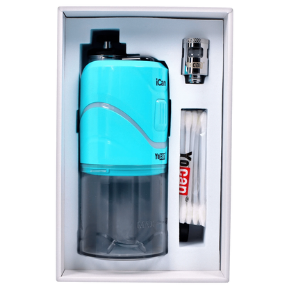 Front view of the Yocan iCan Kit – Teal, displayed in its packaging with a visible replacement coil, set against a white backdrop.