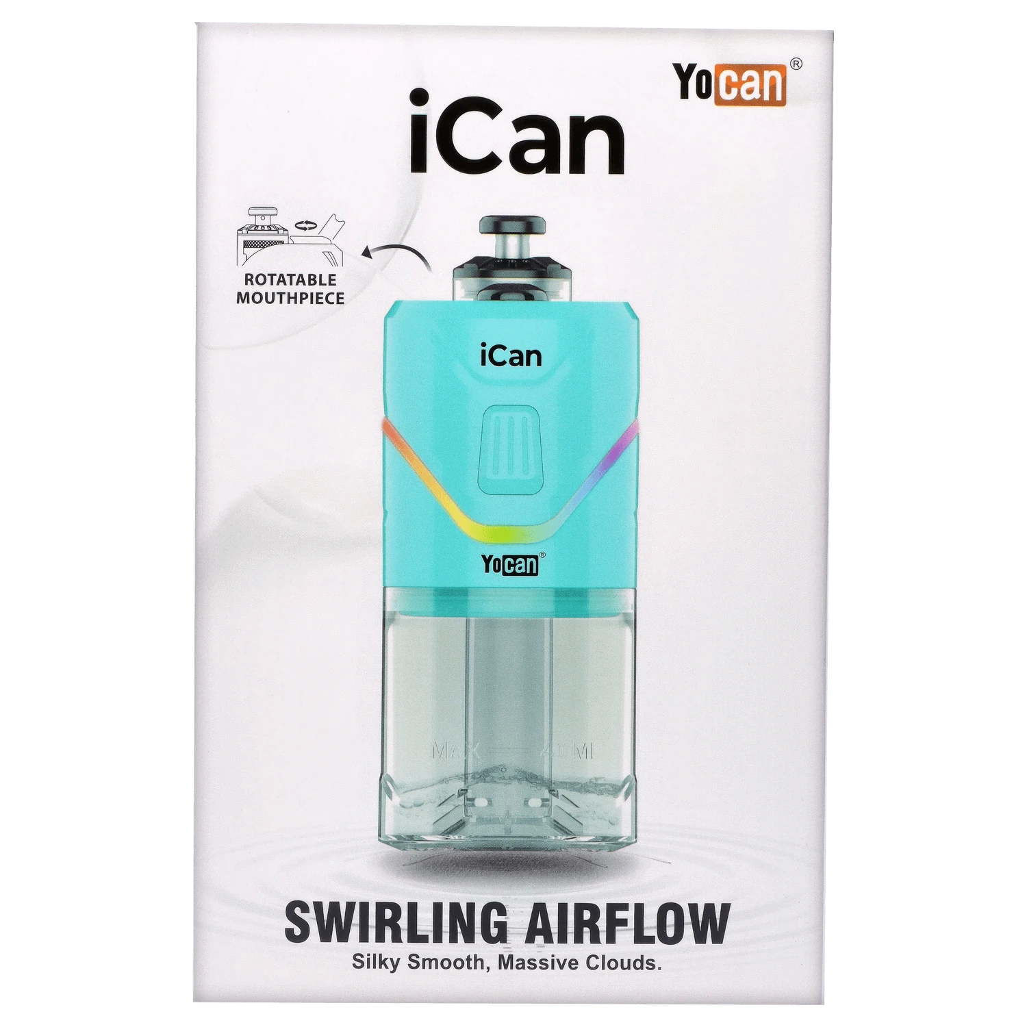 The teal Yocan iCan Kit is displayed in a close-up, angled shot highlighting its smooth curves and compact size.