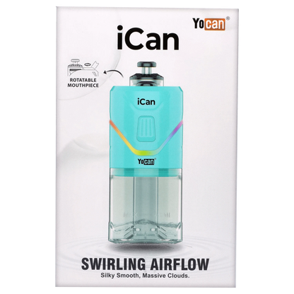 The teal Yocan iCan Kit is displayed in a close-up, angled shot highlighting its smooth curves and compact size.
