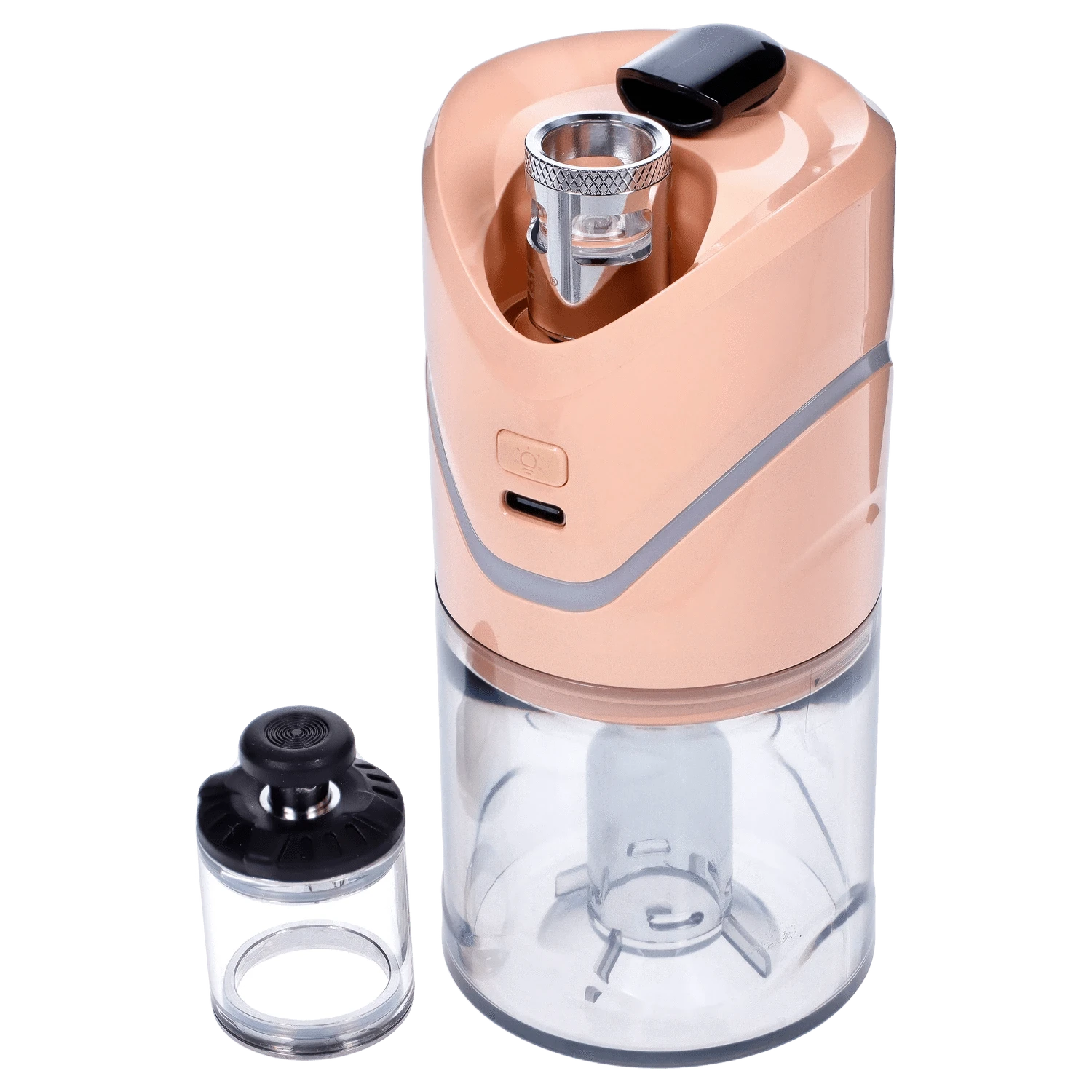 A front view of the Yocan iCan Kit – Peach, showcasing its sleek, clear body and metallic accents against a plain white backdrop.