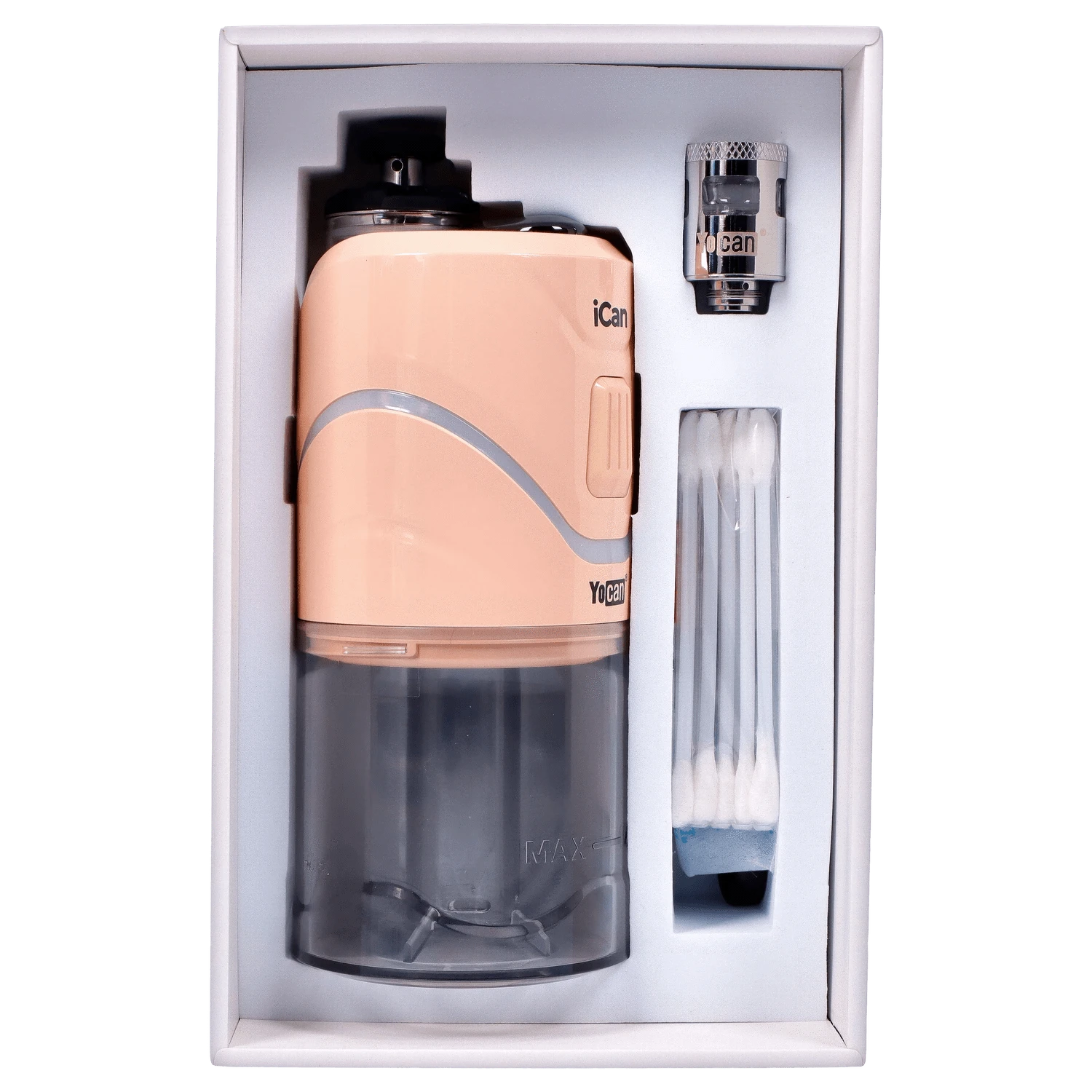 The Yocan iCan Kit – Peach is displayed in its packaging, showing the device and accessories against a white background.