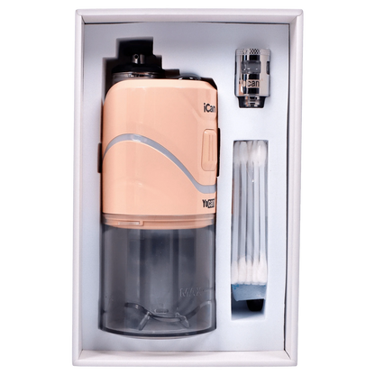 The Yocan iCan Kit – Peach is displayed in its packaging, showing the device and accessories against a white background.