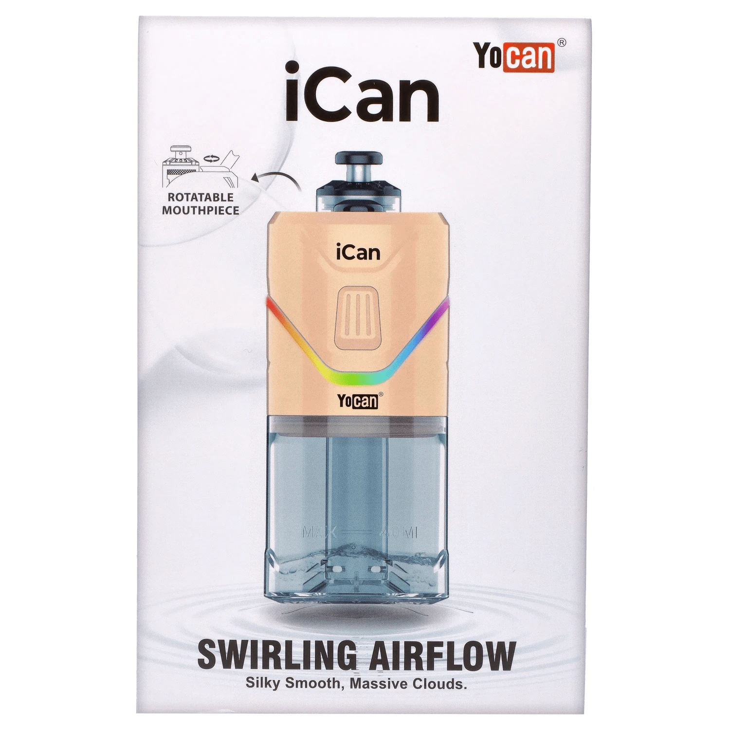 Front view of the Yocan iCan Kit – Peach, displaying its clear glass construction and sleek, modern design.