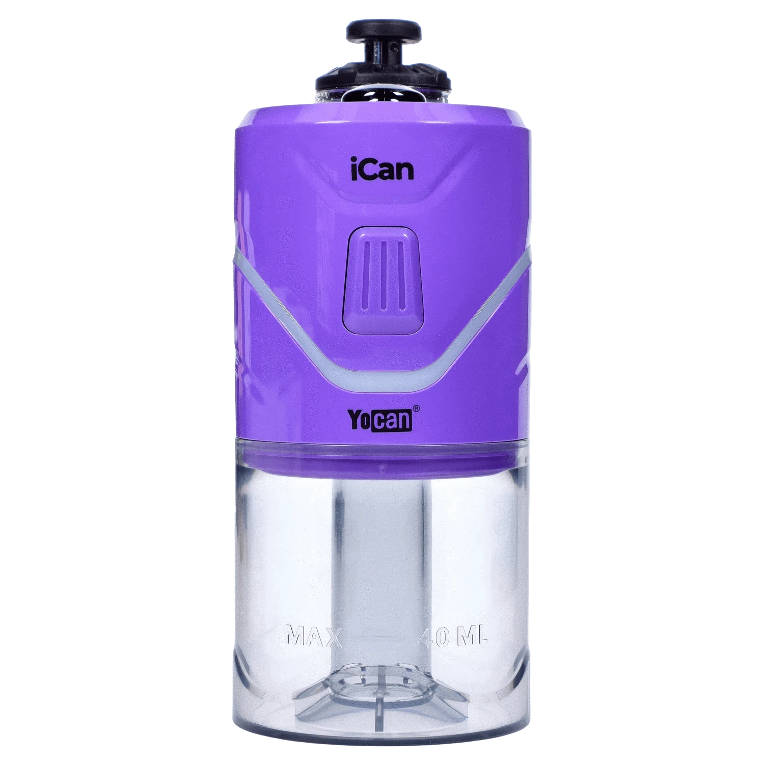 Front view of the purple Yocan iCan Kit, displaying its cylindrical shape and clear reservoir.