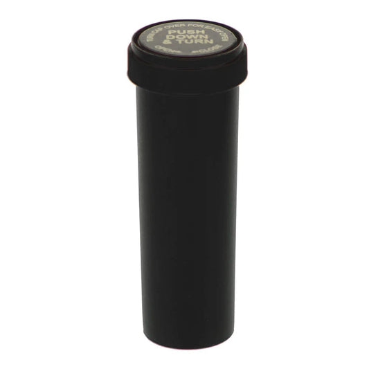 A straight-on view of the black Valiant Child Resistant Vial Container – 30 Dram, showcasing its cylindrical shape and smooth finish.