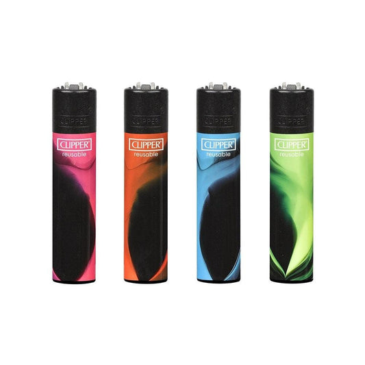 A carousel display of the Clipper Classic Large Tri-Nebula lighters with colorful, swirling nebula designs against a dark background.