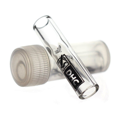 A close-up shot of the Daily High Club Glass Filter Tips, featuring a clear glass tip with a ribbed silver end.