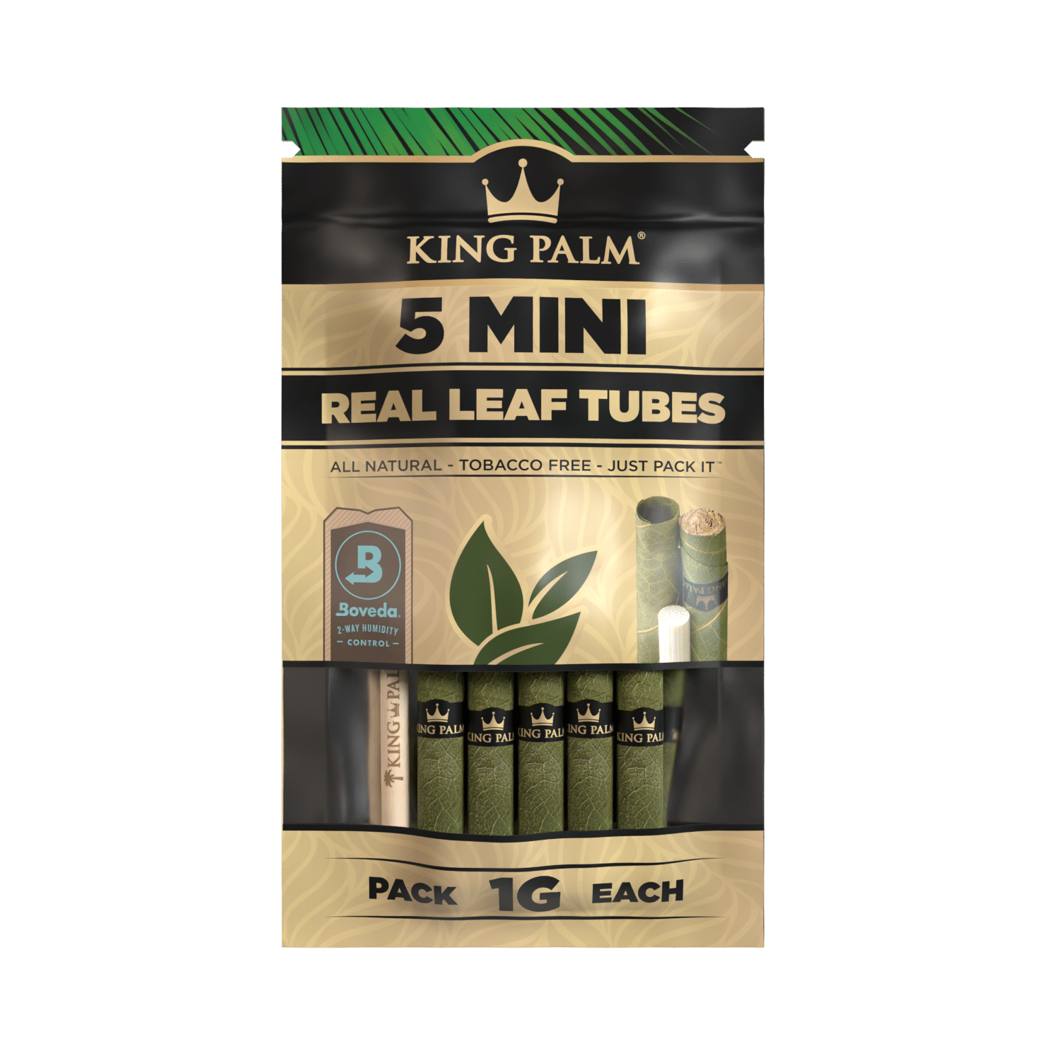 Front view of the King Palms Mini Pre-Rolls 5pk packaging displaying a colorful label against a neutral background.