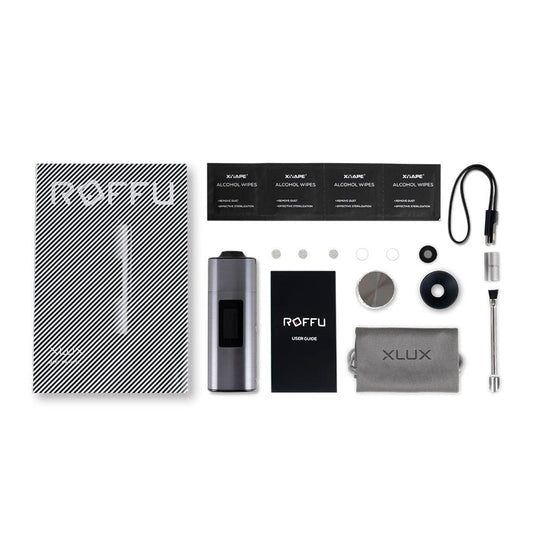 A sleek, angled view of the XVape XLUX Roffu - Onyx Grey - Lite Kit displayed with its packaging, showing the minimalist design.